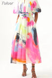 Tie Dye Slim Dress Female Stand Collar Puff Half Sleeve High Waist Spliced Ruffles A Line Long Dresses Female Summer