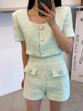 Summer Korean Temperament Elegant 2 Piece Set Small Fragrance Tweed Short Sleeve Crop Top + High Waist Short Pants