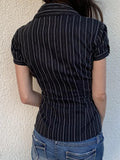 Commute Wind Fashion Stripe Buckle Bubble Sleeve Top Hottie Temperament Folding Braid
