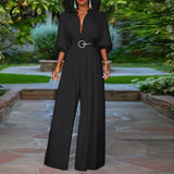 Elegant Long Jumpsuits Women 3/4 Sleeve Vintage High Waist Wide Leg Rompers Casual Pleated Party Overalls Loose Pants No