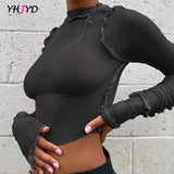 Spring Turtleneck T-Shirts Ruffles Crop Tops Solid Ruched Mesh Women Elastic Slim Long Sleeve Tees Female Outfits
