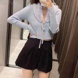 Female Long Sleeve Outerwear Chic Tops Women Fashion Patchwork Faux Fur Knitted Cardigan Sweater Vintage With