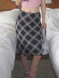 Vintage 90s Plaid Skirt Women Summer 2023 Korean Style Casual Mesh Print High Waist Slim Midi Skirt Girl Y2k