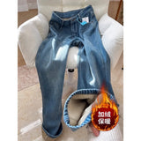 High-Waisted Plus Velvet Narrow Version Of Straight Jeans Women Autumn And Winter New Warm Commuten Thin Mop