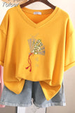 100% Cotton L-5XL Plus Size T Shirt Print Short Sleeve Women's Top Japanese Summer Sweet Couple V Neck Oversize T