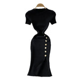 Version Of The Solid Color Collar Buckle Body Short Sleeve Elastic Knitted Forked And Left-Sleeved Dress