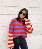 Red Striped Women Sweater O Neck Oversize Vintage Casual Chandails Winter Knitted Pullover Fashion Jumper Vetement Femme