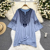 Embroidary Bohemian Women Dress Flare Sleeves Solid Retro O Neck 2022 Fashion Loose Ladies Midi