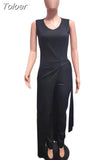 Ladies Women Two Piece Set Festival Clothing 2023 V Collar Sleeveless Side Split Extra-long Tops with Formal Work
