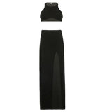 Clubwear Slim Dress Set Women Holiday Basic White 2 Piece Sets Sleeveless Crop Tops High Waist Split Maxi Skirts New