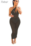 Hollow See Through Beach Maxi Dress for Women Sexy One Shoulder Backless Bandage Bikini Cover Up Sleeveless Boho