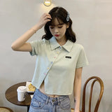 Toloer Cotton 2024 Summer New Polo Shirt Short-Sleeved T-Shirt Female Slim High Waist Lapel Short Style Student Jacket