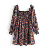 Women Bohemian Floral Print Mini Dress Elegant Beach Dresses Elastic Bust Vintage Dress Spring Summer Vestidos