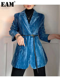 Women Blue Velvet Big Size Blazer New Notched Long Sleeve Loose Fit Jacket Fashion Tide Spring Autumn 2023