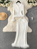 High-End Small Fragrant Style Two Sets Of Women's Atmosphere Knitted Open Fork Shirt