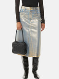 Toloer 2024 New Street Trend Wind Hot Gold Design Sense A Line Skirt Fashion High Waist Show Skinny Denim Skirt-Outfit