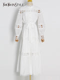 Spring Dress For Women Stand Collar Long Sleeve High Waist Cut Out Solid Midi Dresses Female Fashion Clothing