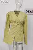 Fashion Women's Irregular Shirt V-neck Cross Bandage Waist Long Sleeve Blue White Yellow Thin Blouse Summer 2023 New