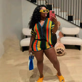 Women's Hollow Collar Collar Top High-Waisted Shorts Knitted Two Sets 2025 Striped Elements