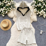 Fashion Set Women's Summer Design Three-Dimensional Relief Hooded Sleeveless Knitted Tops High Waist Broad Leg