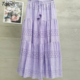 Boho Elegant White Long Skirt Women Hook Flower Hollow Folds Hem High-waisted Skirts Casual Holiday Female Clothes