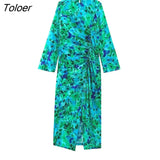 Vintage Women Long Sleeve Printed Dress Casual V-neck Lace-up Floral Long Dress Bohemian Fashion Vacation Beach
