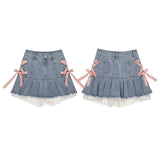 Kawaii Denim Mini Skirt Women Sexy Gyaru Pink Bow Bandage Lace Patchwork High Waist Pleated Jean Skirt Y2k Shorts