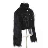 Casual Splicing Fluff Jacket For Women Turtleneck Long Sleeve Short Jackets Female Fashion New Clothing 2020