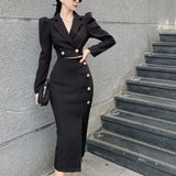 Arrival Fashion Autumn Women OL Temperament black Crop Top + Sexy Split Midi Skirt Slim Skirt Suits