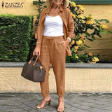 2022 ZANZEA Autumn Women 2PCS Suit Full Sleeve Turn-Down-Collar Solid Button Blouse Female Bohemian Holiday Loose Pockets