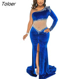 Party Night Club Dresses Long Women Diamonds Velvet Maxi Dress Sexy One Shoulder Female Women Clothes Robe Gown