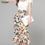 Style Fashion Elegant Office Slim Set Women Summer Lady Square Collar Short Sleeve Tops Print Mermaid Skirt 2 Piece