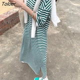 Sleeve T-shirts Women Summer New Korean Style Leisure Students Striped All-match Side-slit Popular Tops Fashion Loose