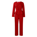 Set Autumn And Winter New Fashion OL Lotus Leaf Side V Collar Blouse Trousers