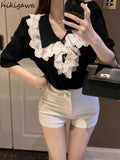 Knit Tshirts Women Peter Pan Collar Puff Sleeve Tees Patchwork Lace Fashion Vintage T Shirt Korean Summer T Shirt