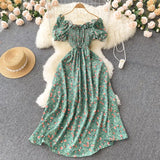 Women Chiffon French Style Dress Summer 2022 Slash Neck Vacation Elastic Waist Elegant Party Slim A Line Long