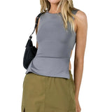 Tank Top Women Casual Solid Color Crew Neck Sleeveless Backless Tie-Up Cut Out Vest Summer Basic Tee Shirt 2000s
