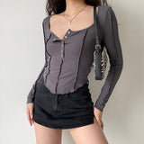 Sexy Button Up Slim T Shirt Women Long Sleeve Irregular Crop Top Korean Fashion Ribbed Skinny Tee Shirt Chic