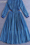Print Dress For Women Stand Collar Long Sleeve High Waist Hit Color Hollow Out Midi Dresses Female 2023 Fashion