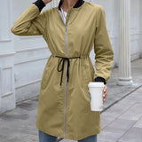 Women Outdoor Dust Coat Autumn Long Sleeve Stand Collar Cardigan Streetwear Slant Pocket Drawstring Waterproof Mid-Length