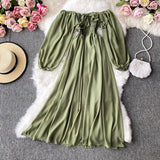 Autumn Women Slash Neck Long Sleeve Midi Dress Female Yellow/Red/Pink High Waist Ruffle Big Swing Chiffon Robe Fashion 2022