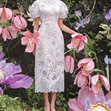 Lace Elegant Dress for Women Clothing O-neck Short Sleeve Hook Embroidery Flower Bodycon Dress Female Summer Spring