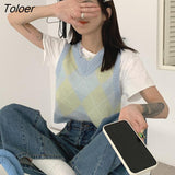 Women V-neck Argyle Preppy Style Casual Summer Sweet Girlish All-match Chic Students Cropped Femme Cozy Sleeveless
