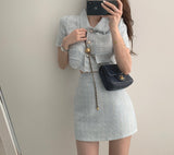 Women Summer Two 2 Piece Set Korean Style Elegant Single Breasted Tassle Short Sleeve Tops And High Waist Bodycon Mini