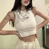 Letter Embroidery Ribbed Cropped Tank Top-Outfit