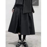 High Elastic Waist Black Topstitched Irregular Ra-line Half-body Skirt Women Fashion Tide New Spring Autumn 2023