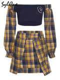 Youth Stitching Contrast Color Plaid Beautiful Wild One-Line Collar Long-Sleeved Short Top With A-Line Skirt 2