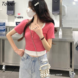 Sleeve T-shirts Women Panelled Fake Two Piece Summer Sweet Slim Ins Korean Style Chic Fashion Street New Minority