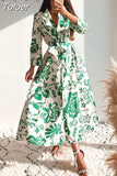 2023 Summer Women Green Floral Print Midi Dress With Belt Vintage Three Quarter Sleeve Dress Female Outwear