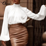 Women Fashion Satin Blouse Lantern Long Sleeve Shirts 2022 Autumn Elegant High Collar Casual Party Tunic Tops
